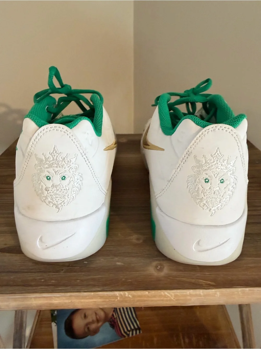 Nike LeBron sneakers White, Green & Gold, Low-Top, big kids size 7Y